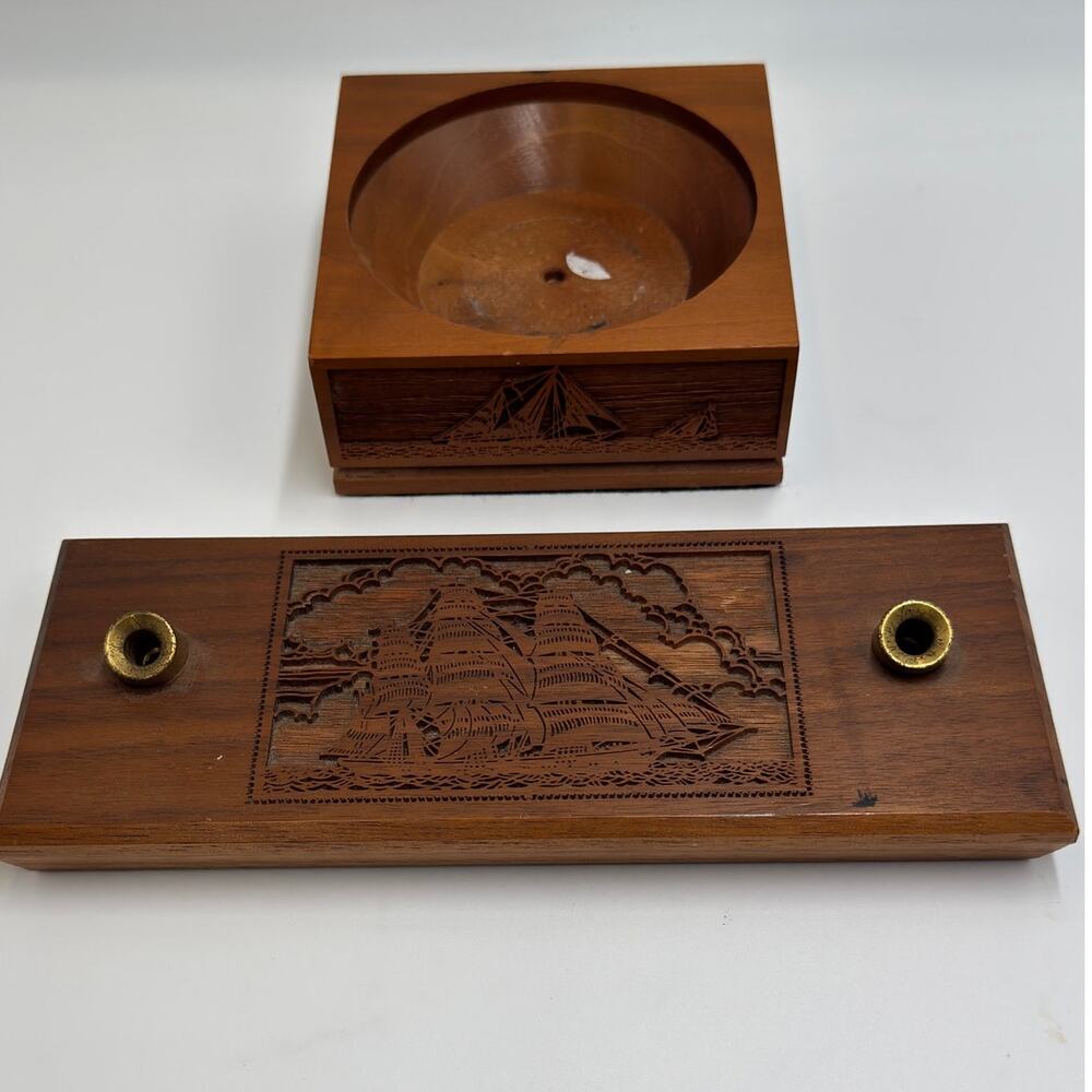 Nautical  Lasercraft Walnut Desk Set · Ship Pen Holder + Ashtray